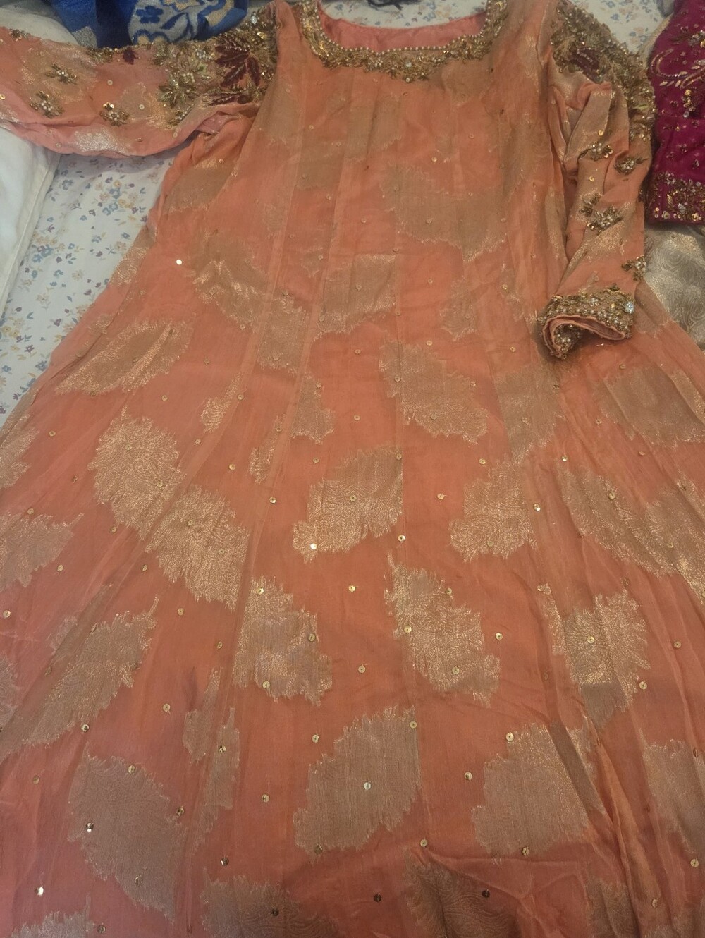 Embroidered Coral Long-Sleeve Evening Dress with Gold Accents